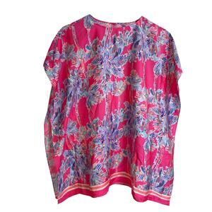 Lilly Pulitzer Caftan Top Womens Size Large Pink Palm Shirt *FLAW See Desc